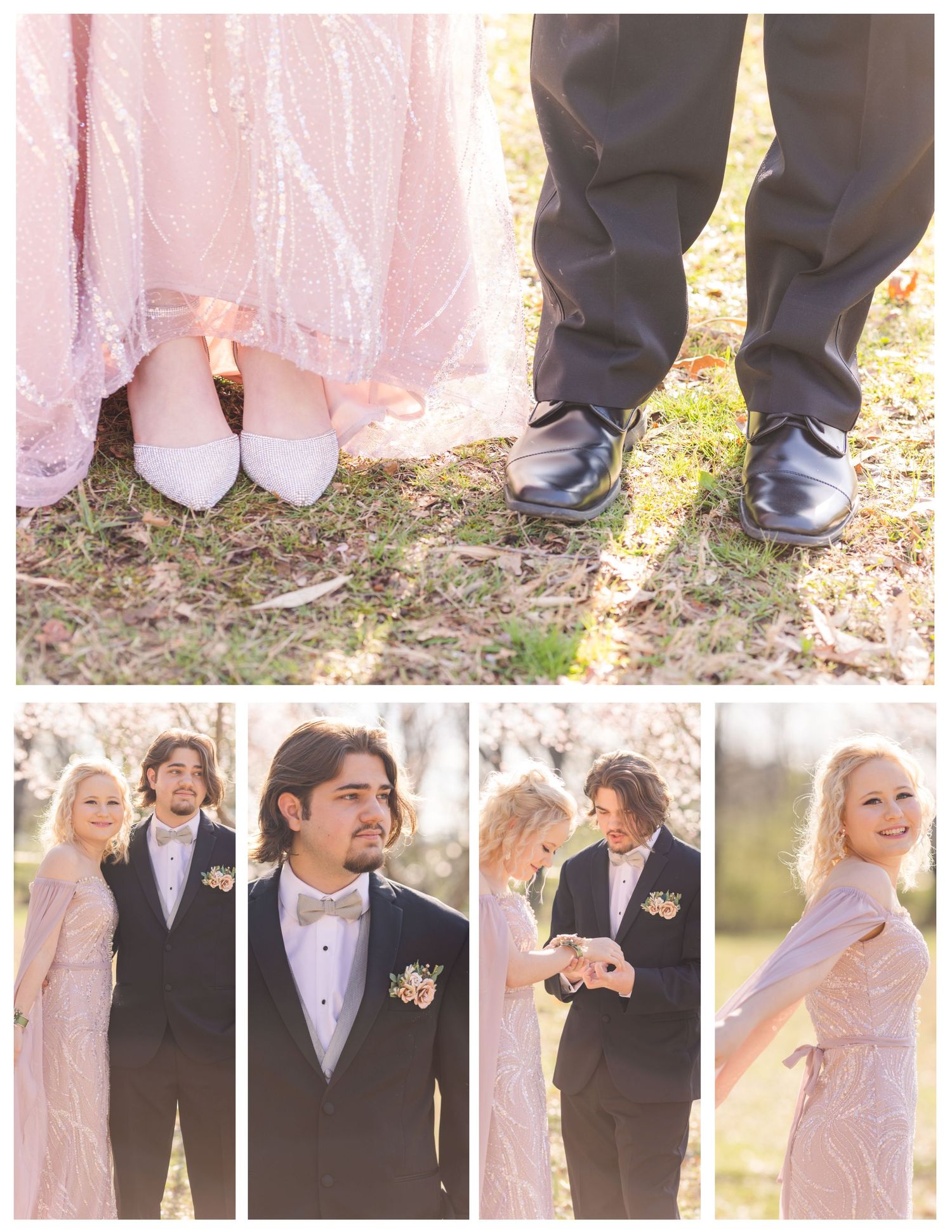 Wedding photo collage showing couple's shoes and candid moments in formal attire.