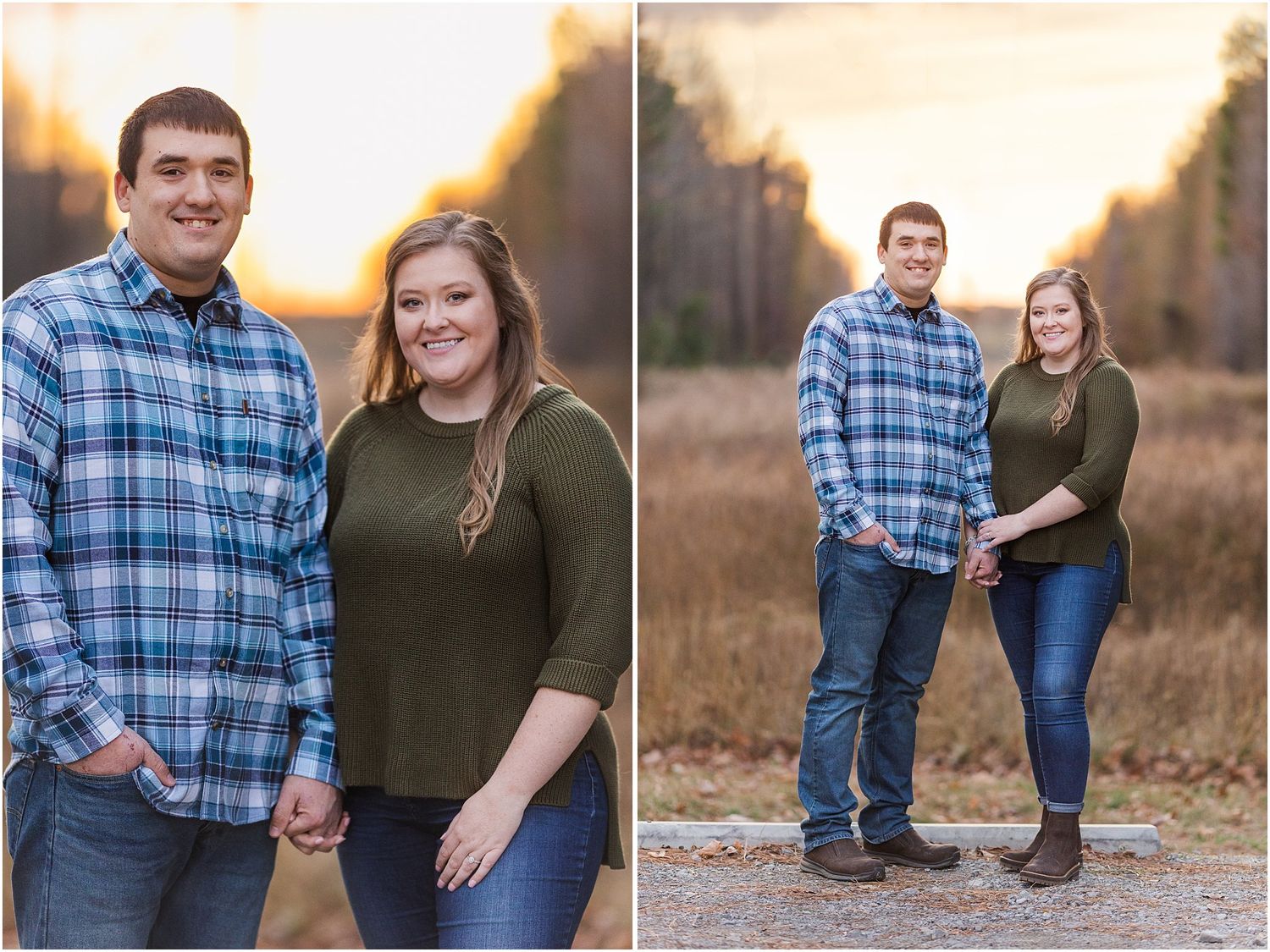 Engagement photo session at golden hour featuring casual outdoor portraits.