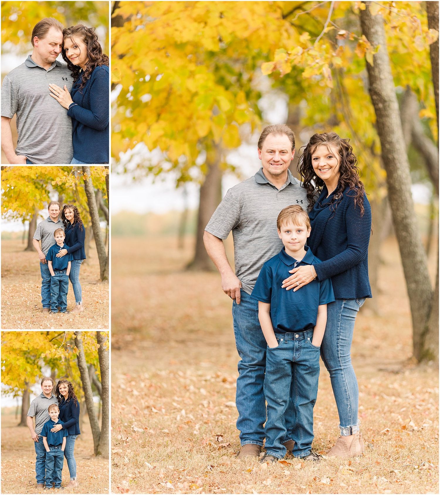 Family portrait collage with beautiful fall foliage backdrop.