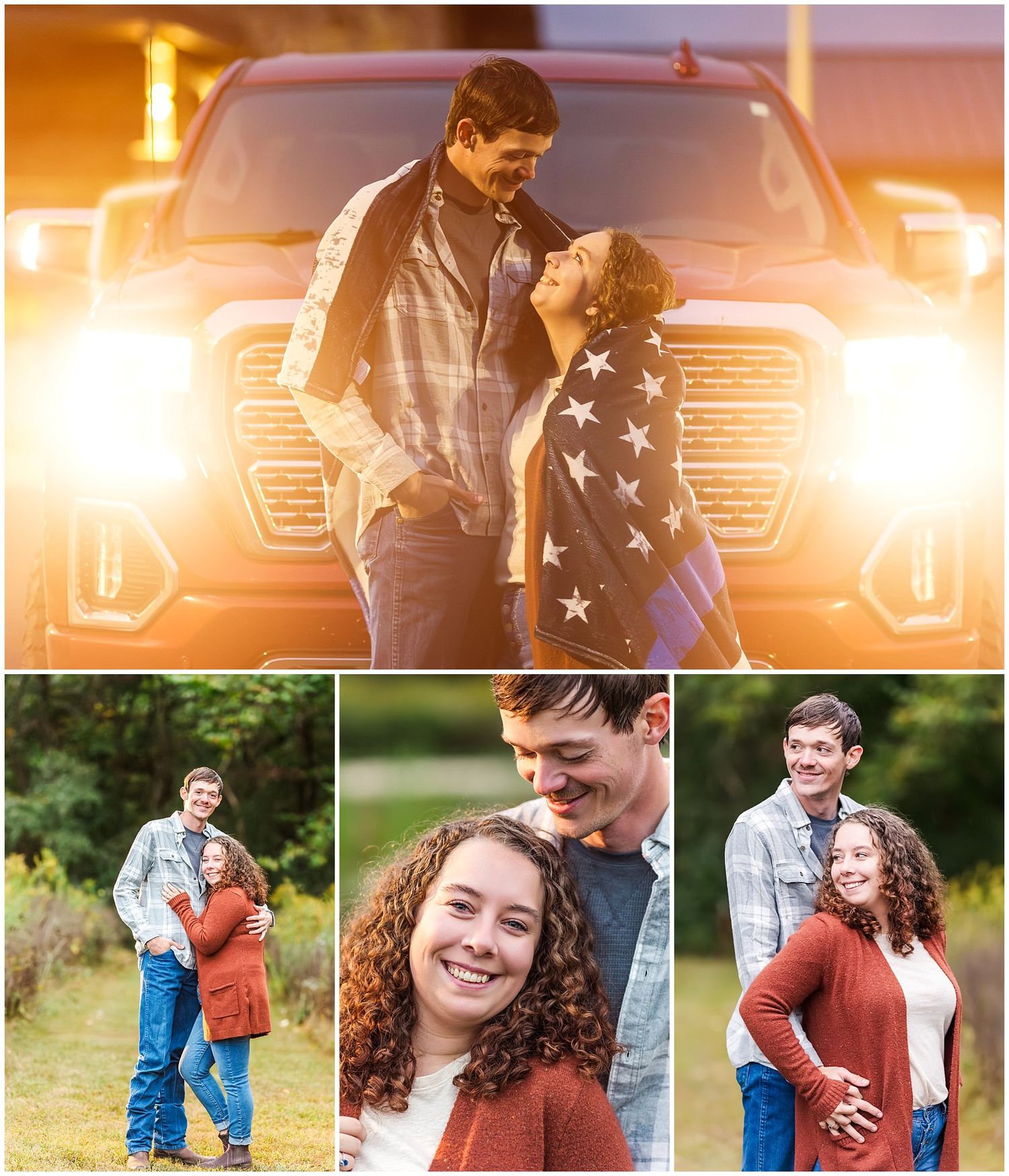 Romance-themed photo collage featuring couple poses against truck headlights and outdoor settings.