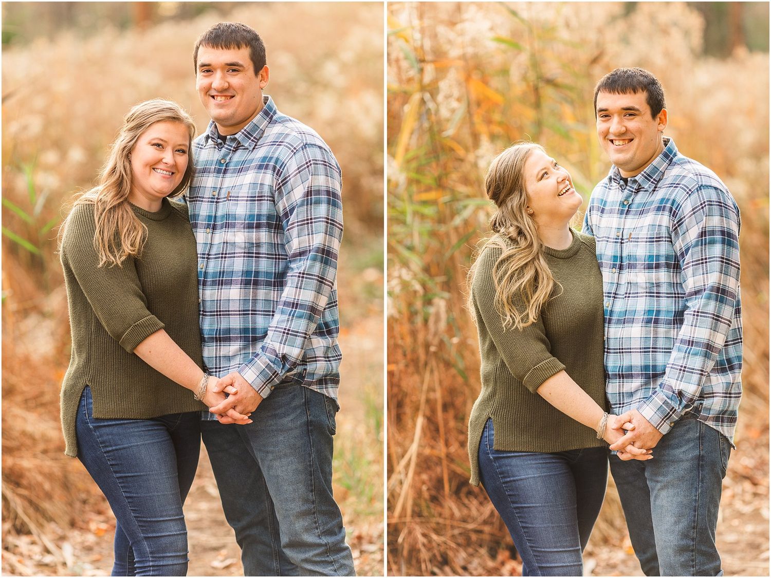 Couple holding hands in sunlit fall field wearing plaid and olive green.