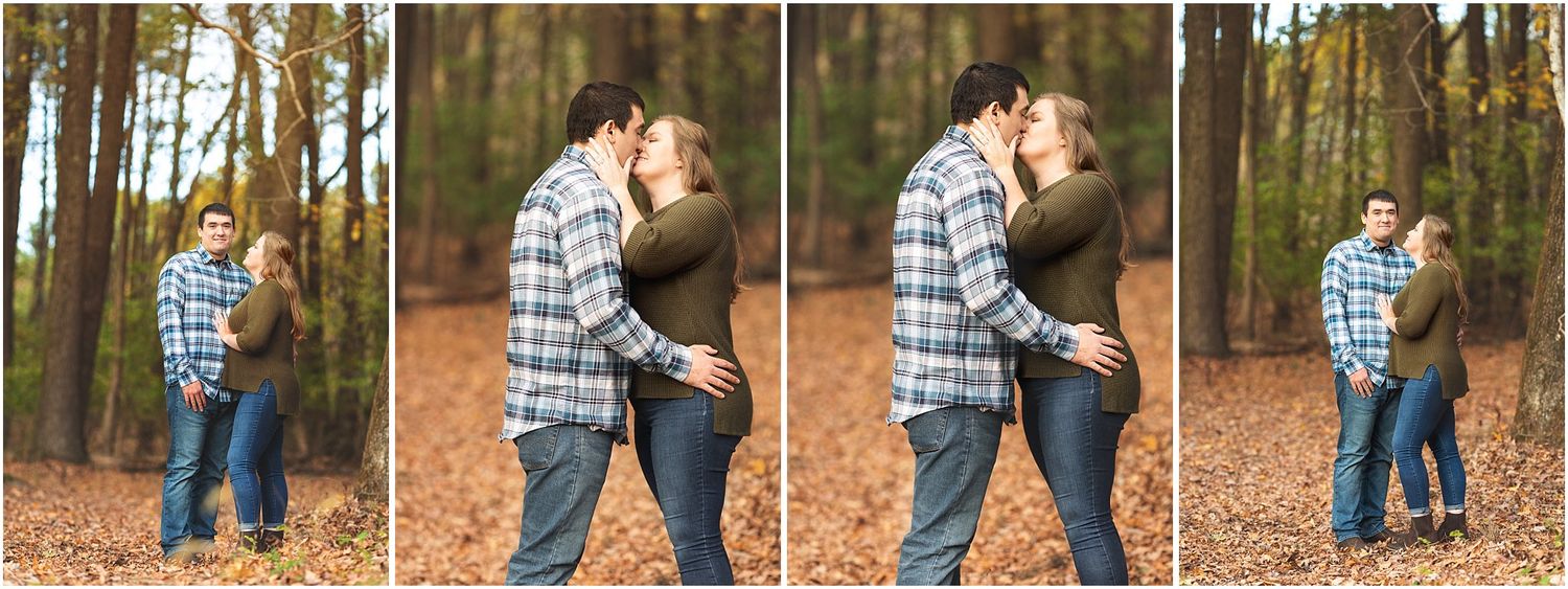 Romantic couple photos in autumn forest showing various intimate poses.