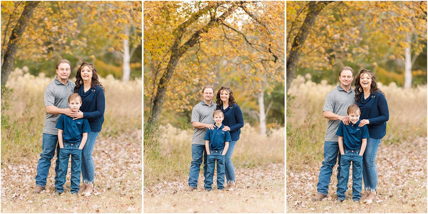 Three panel family photo series showing candid moments in a fall setting.