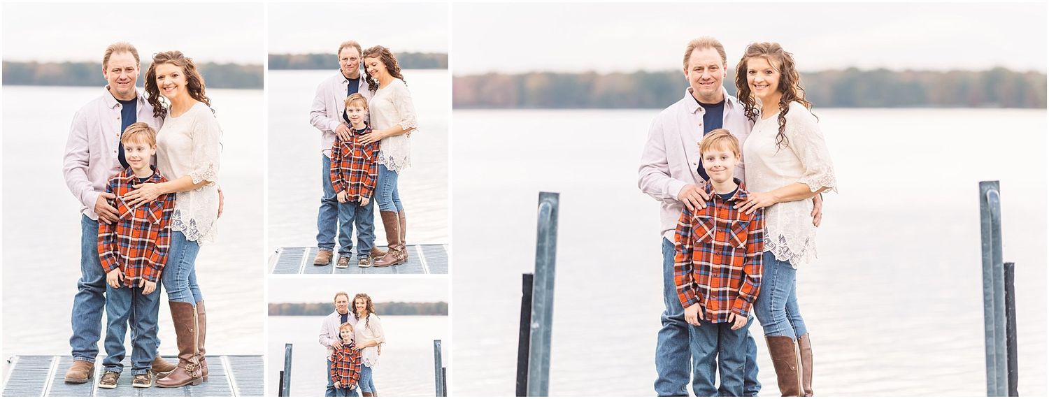 Family photos on a dock with water view in muted tones.