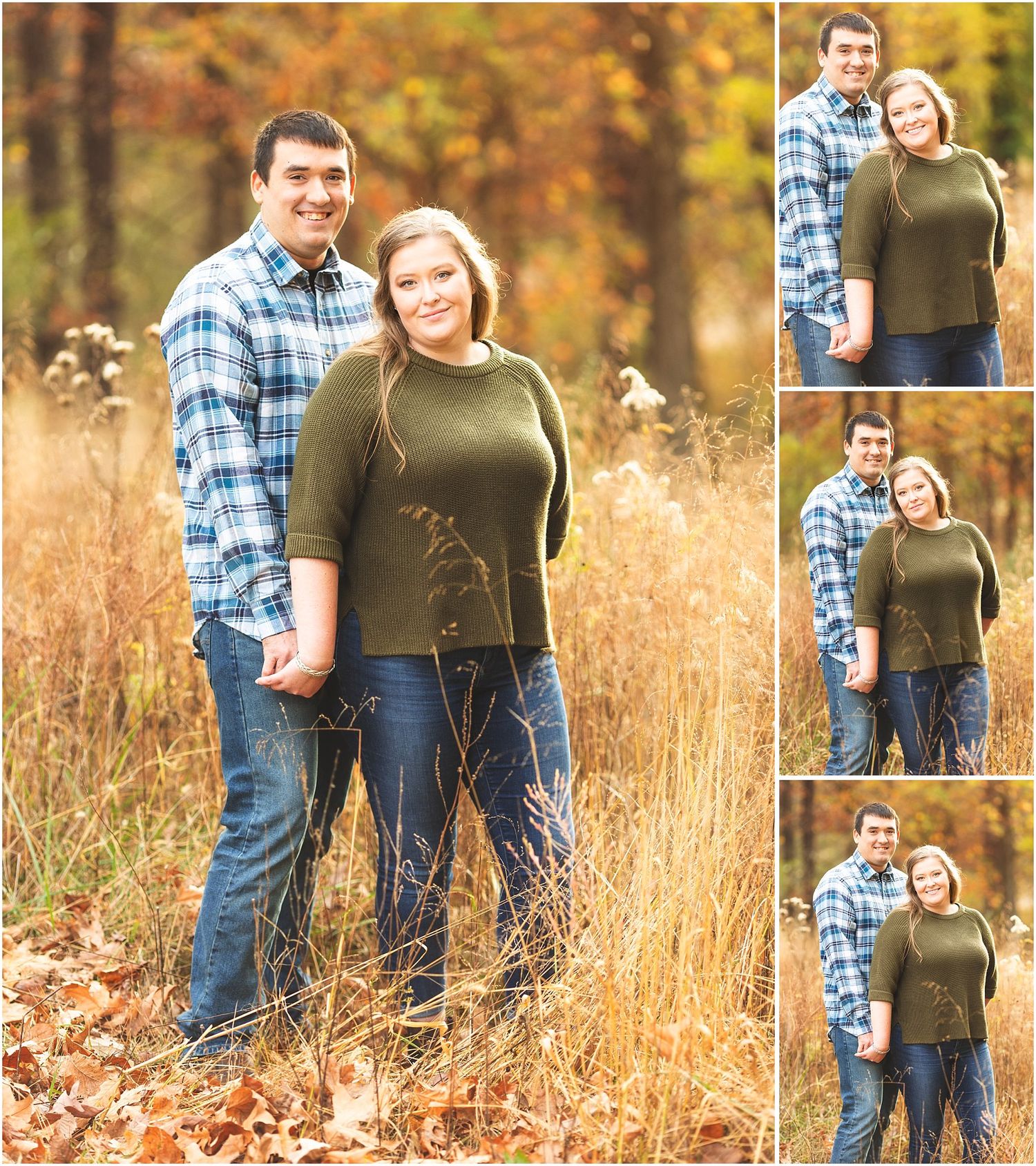 Engagement photos in fall field with tall grass showing couple in plaid and olive green.