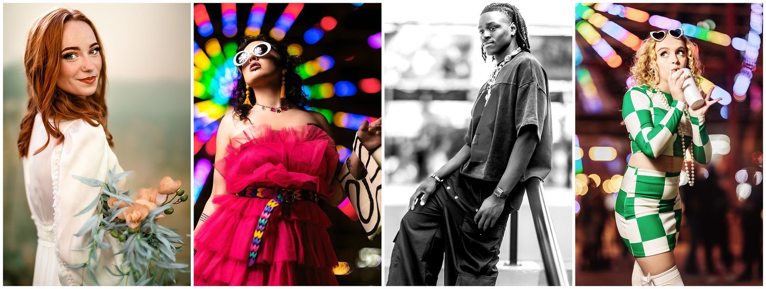 Four artistically composed fashion photographs featuring diverse poses and outfits against varied backgrounds and lighting.