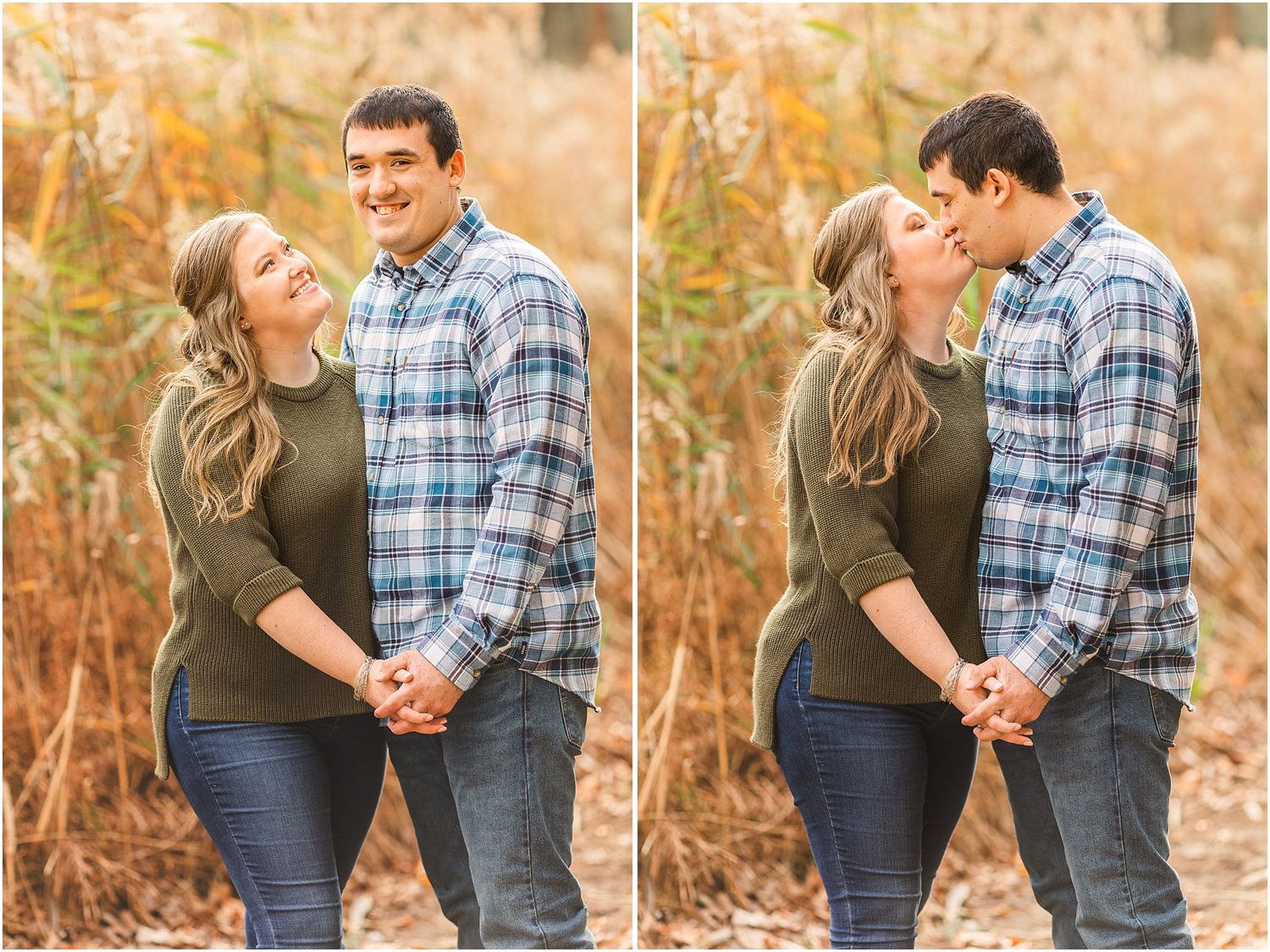 Romantic fall engagement photos showing couple laughing and sharing intimate moment.
