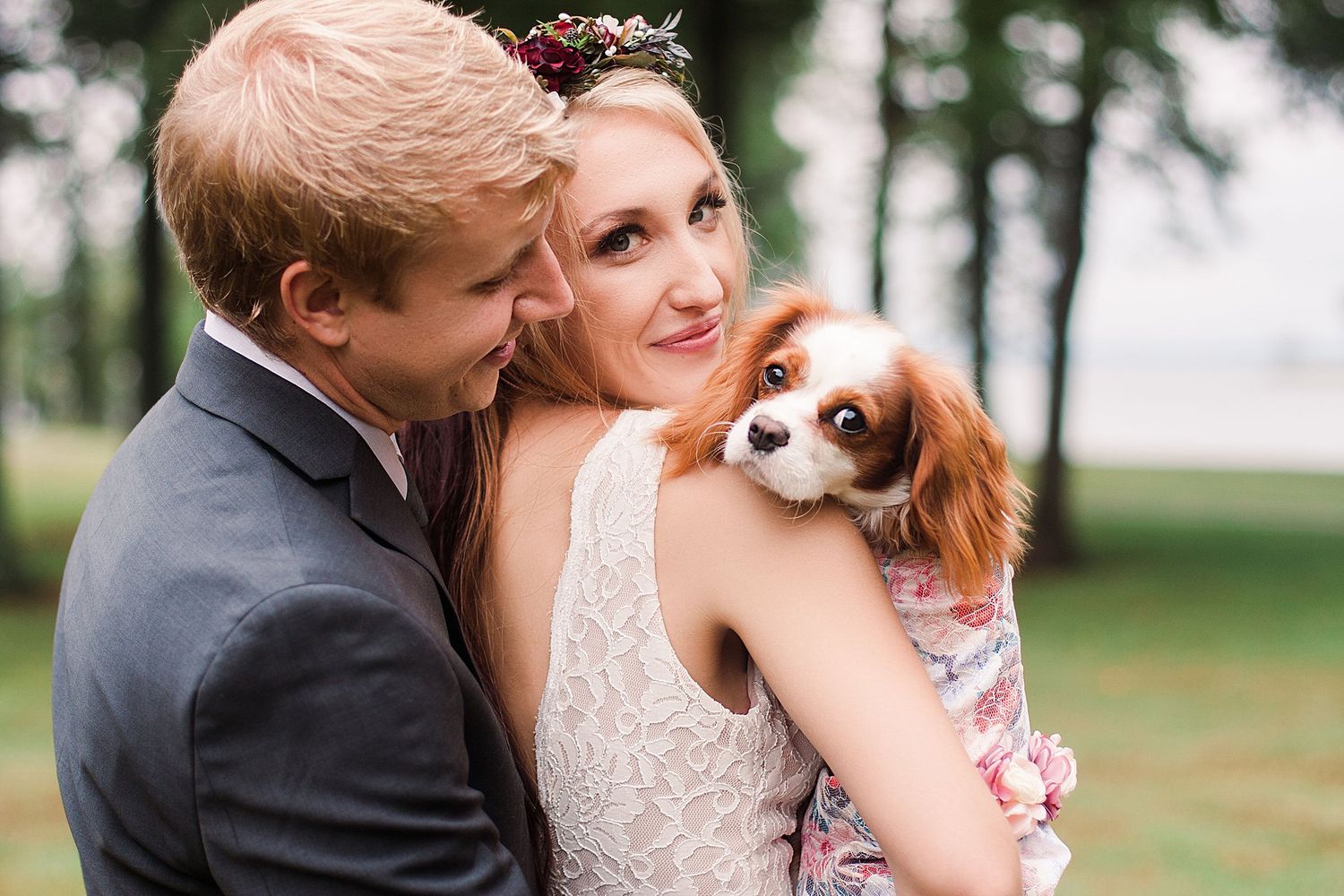 A couple in wedding attire holds their small Cavalier King Charles Spaniel dog outdoors.