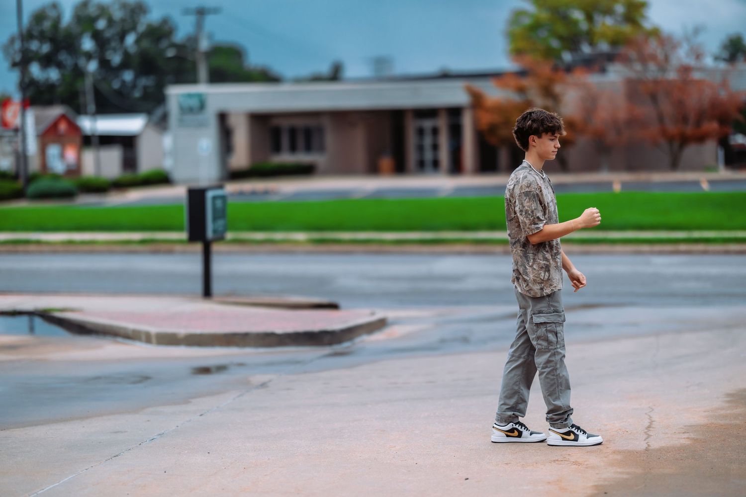 A sequence of skateboarding action shots showing progression of tricks at a concrete skate park.