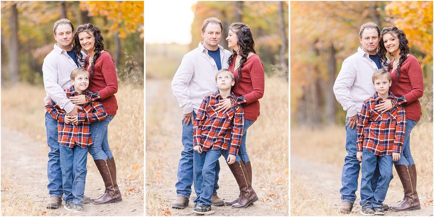 Three photo collage of couple embracing on dirt path during autumn photoshoot.