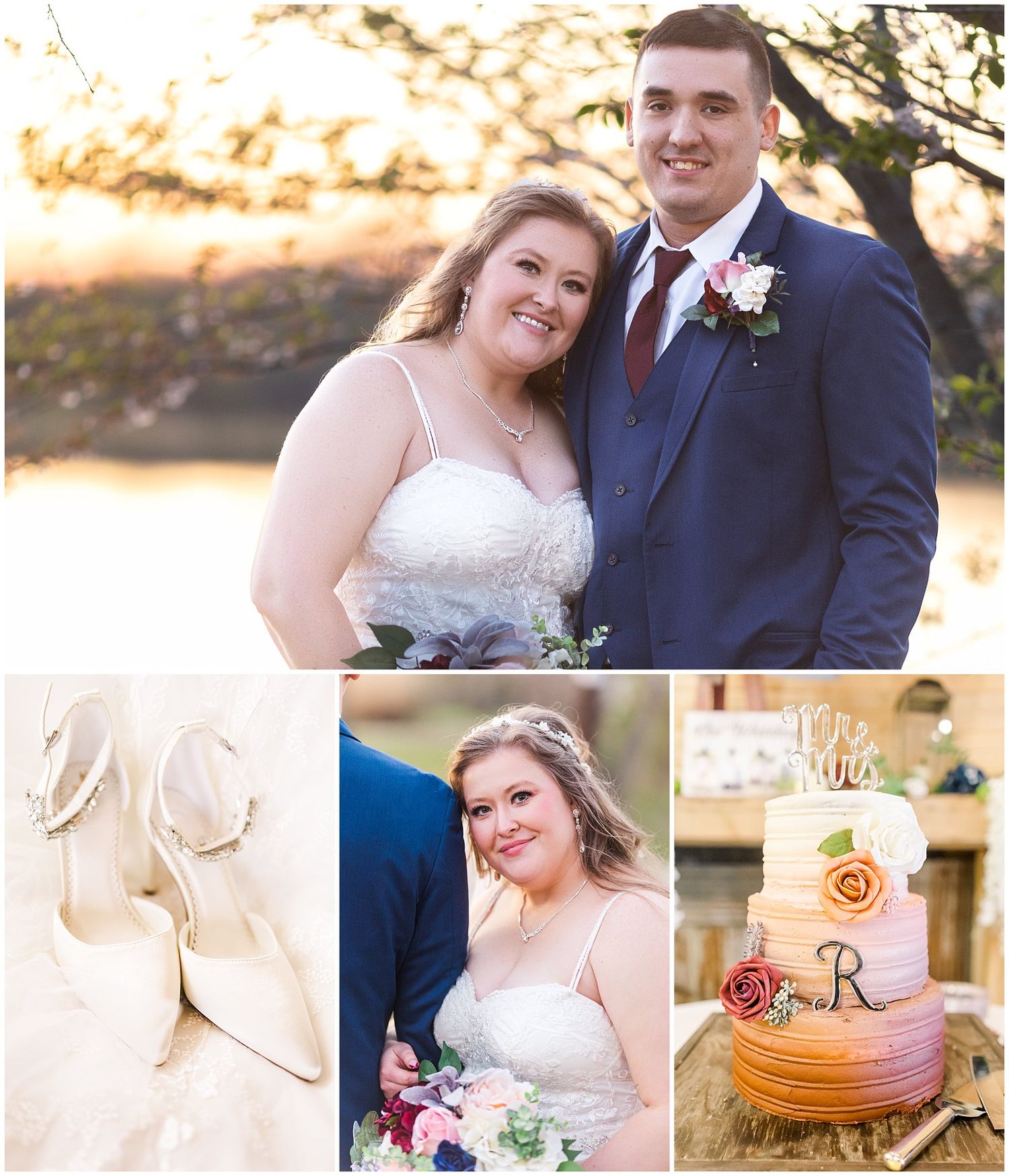Wedding photo collage featuring couple portraits, white shoes, and ombre wedding cake details.