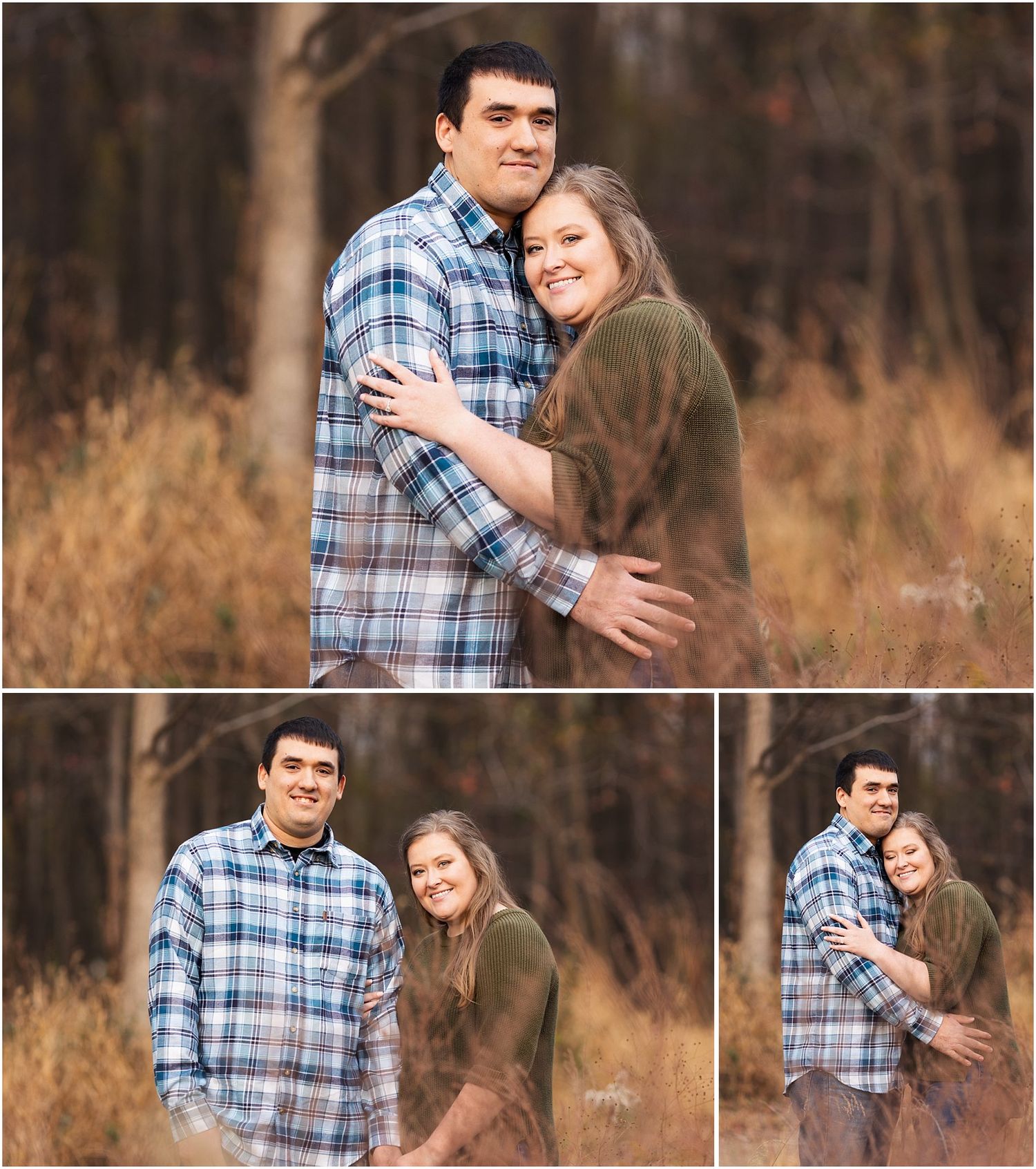 Collage of tender engagement portraits in rustic fall setting.