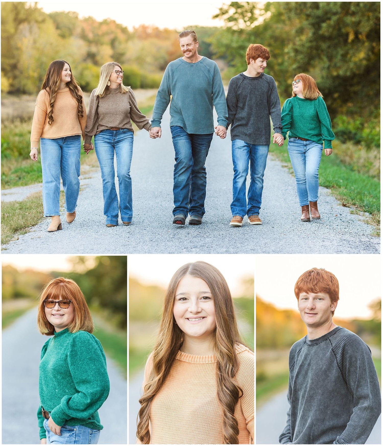 Collection of casual outdoor portraits showing people walking and posing on a country path.