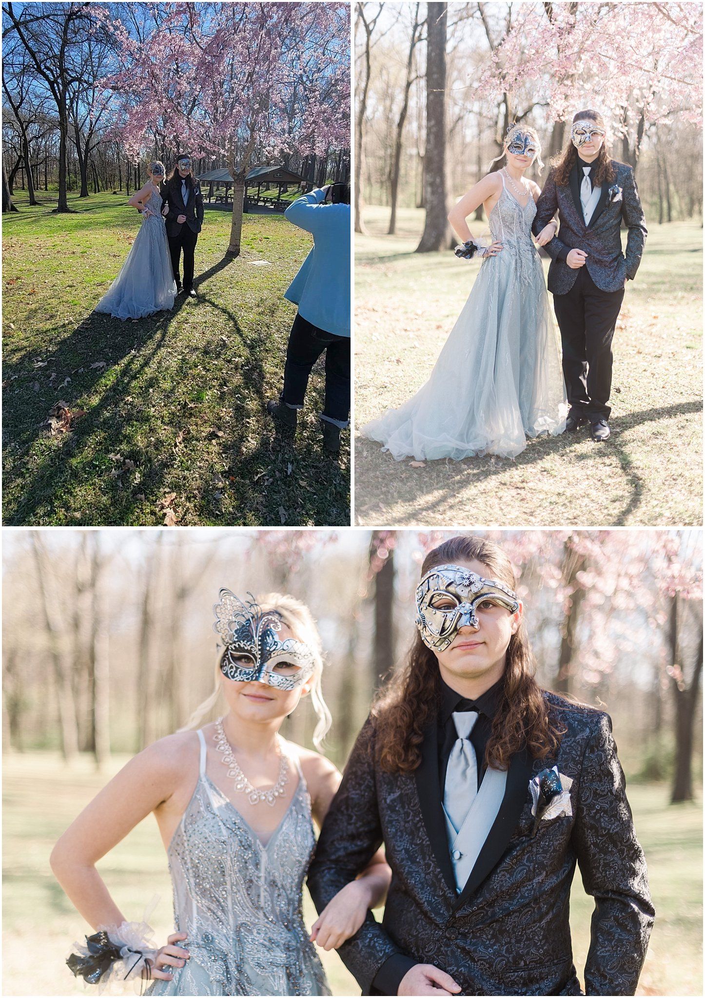 Behind the scenes and final shots of masked couple in formal attire under cherry blossoms.