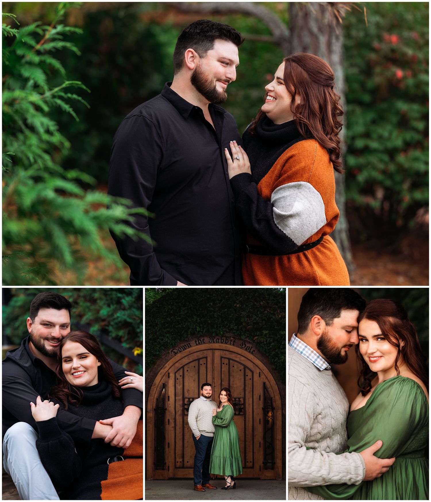 Romantic couple's photo collage featuring casual outfits and intimate poses against wooden door.