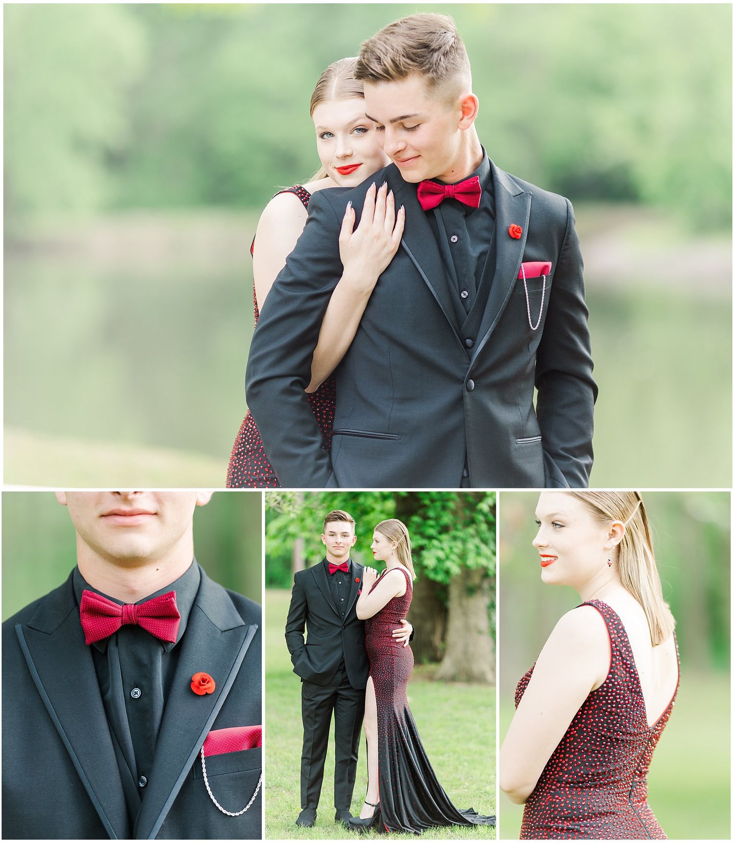 Formal couple photos showing details of black tuxedo with red bowtie and burgundy dress in outdoor setting.