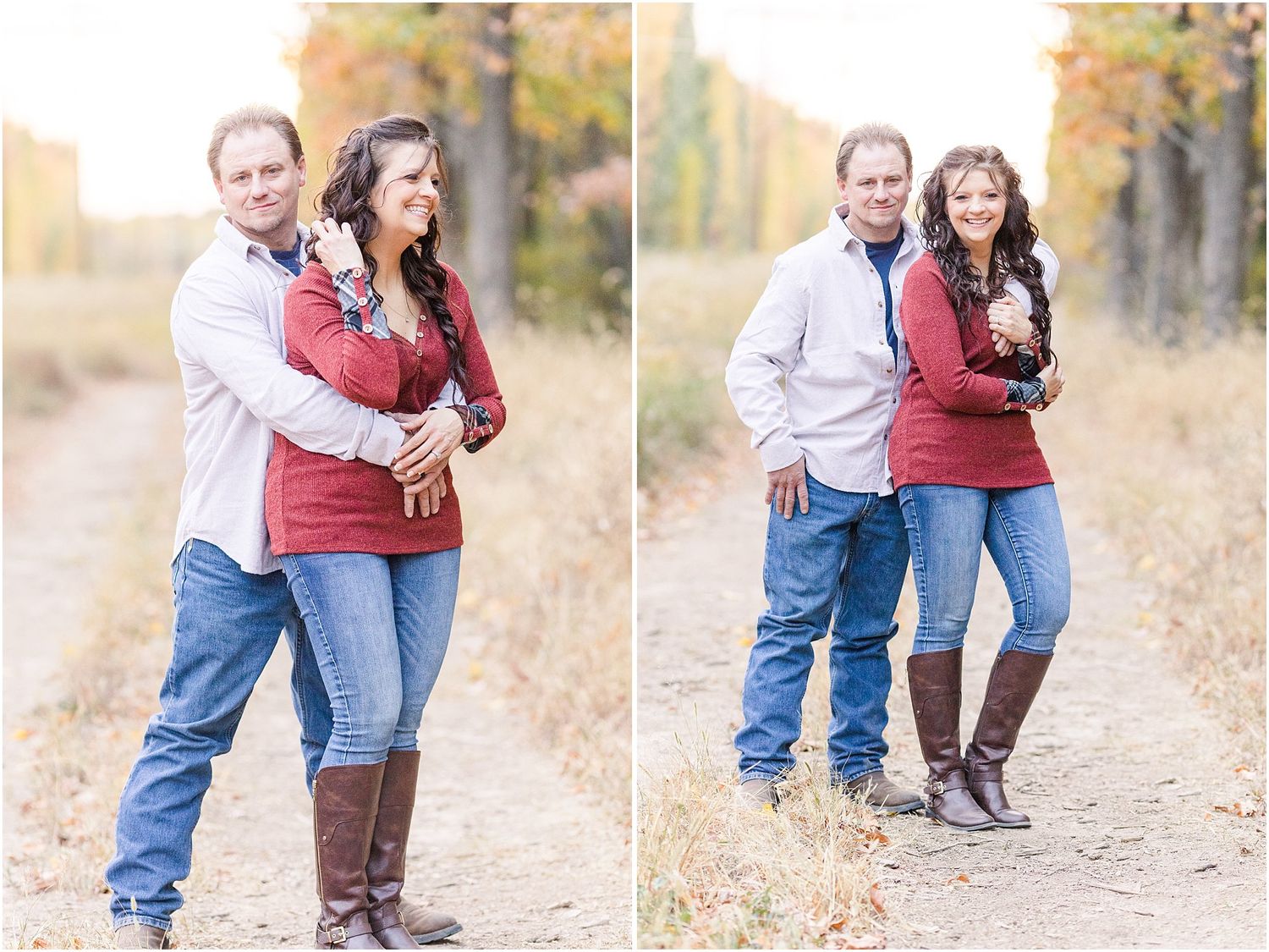 Two photo set of couple in coordinated casual wear posing on autumn nature trail.