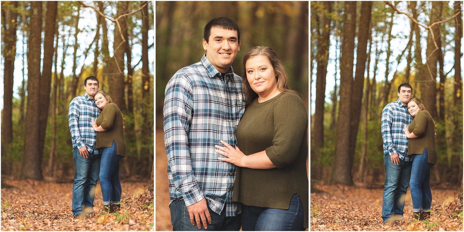 Fall engagement photo series with couple posed in wooded setting.