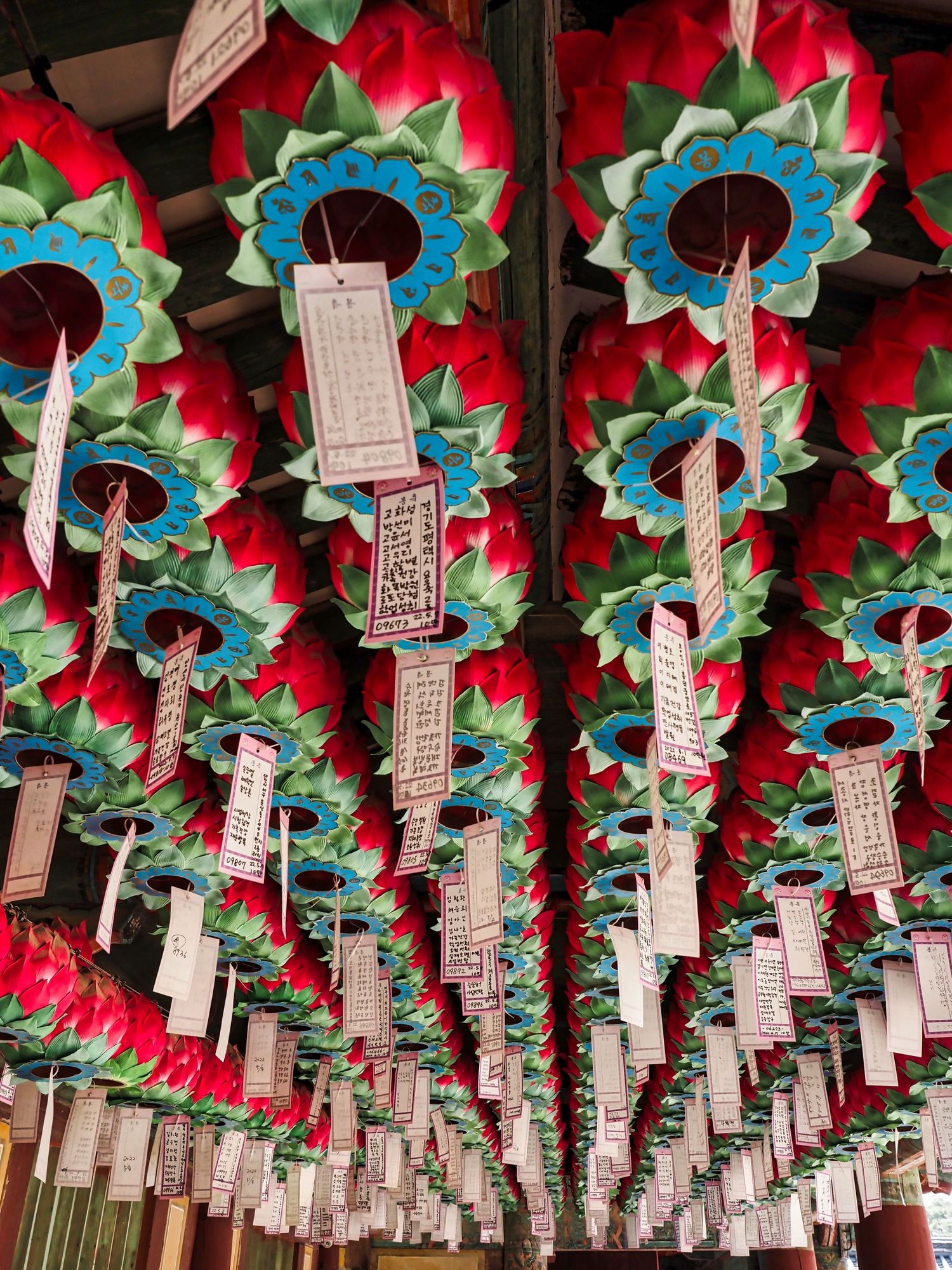 Photograph of prayer lanterns in a temple at Bulguksa Temple, Gyeongju, Republic of Korea (South Korea).