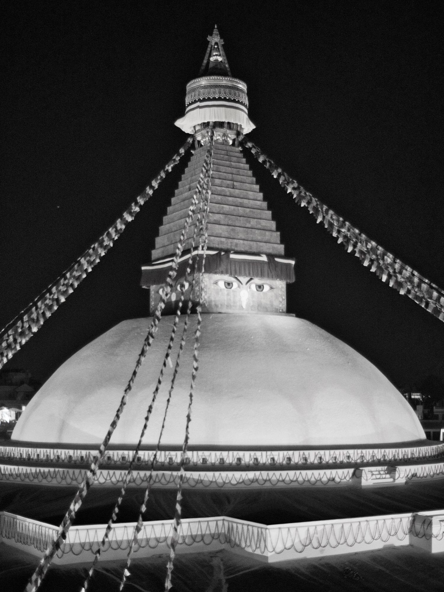 Night photo of the Bodhnath Stupa in Katmandu, Nepal. A very important shrine for Hindus