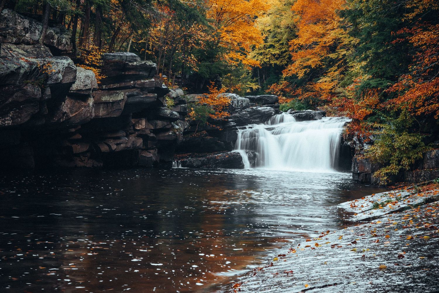 Autumn waterfall cascading through colorful fall foliage in a forest setting.