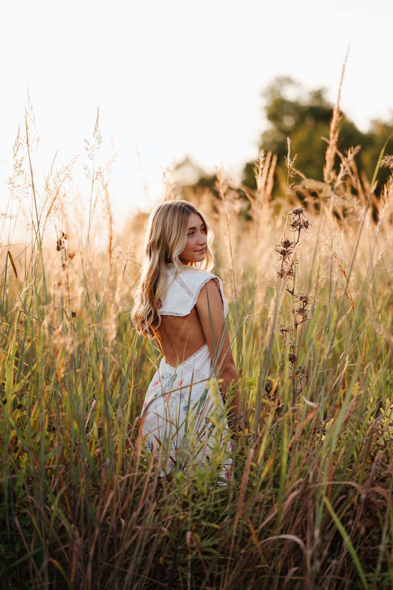 Artistic portrait series in a golden field of tall grass during sunset.