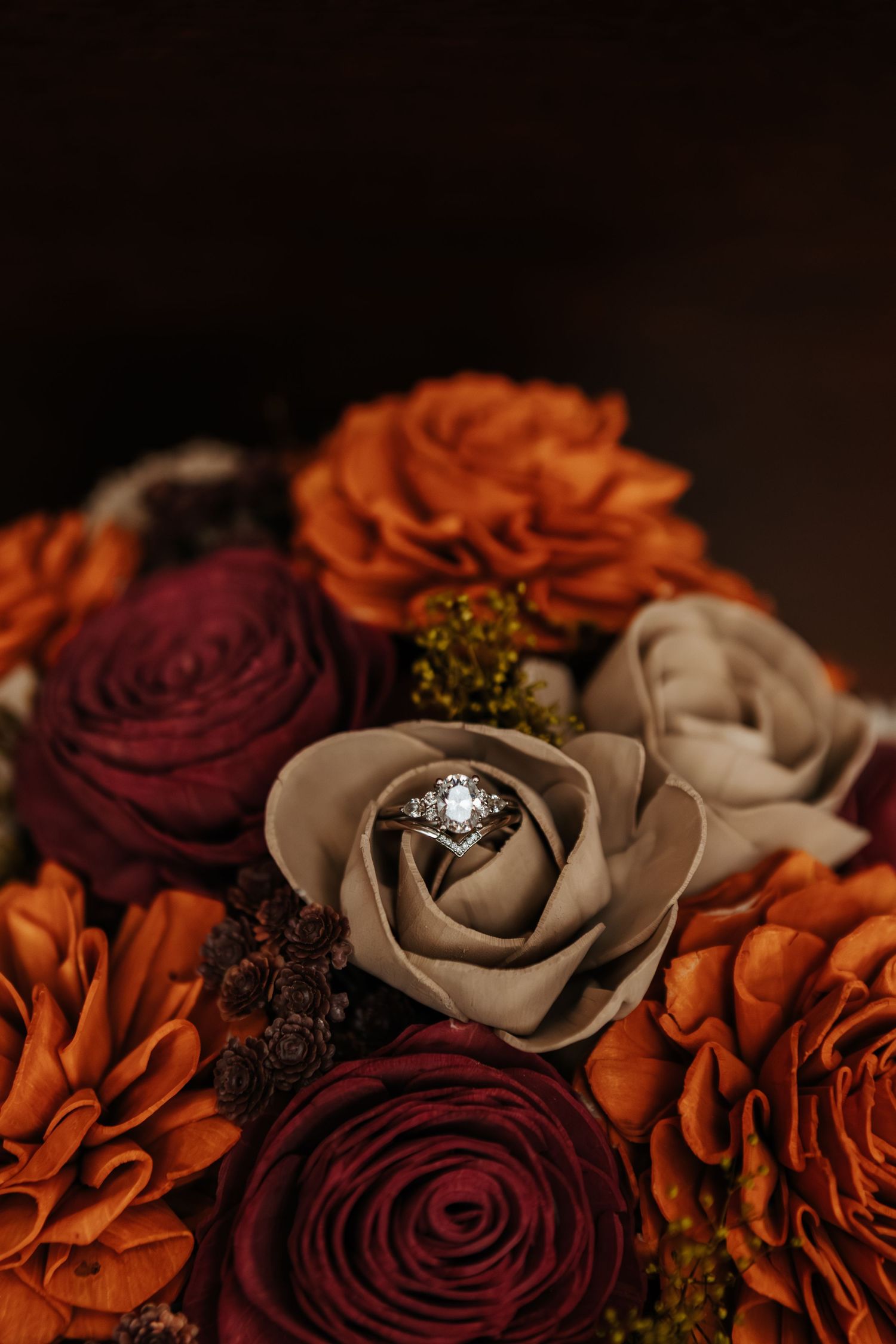 Close-up of burgundy and orange roses with a diamond ring nestled among the petals.