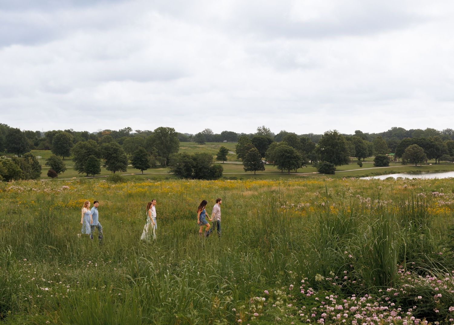 Three people walking through a lush wildflower meadow with trees and a pond in the background.