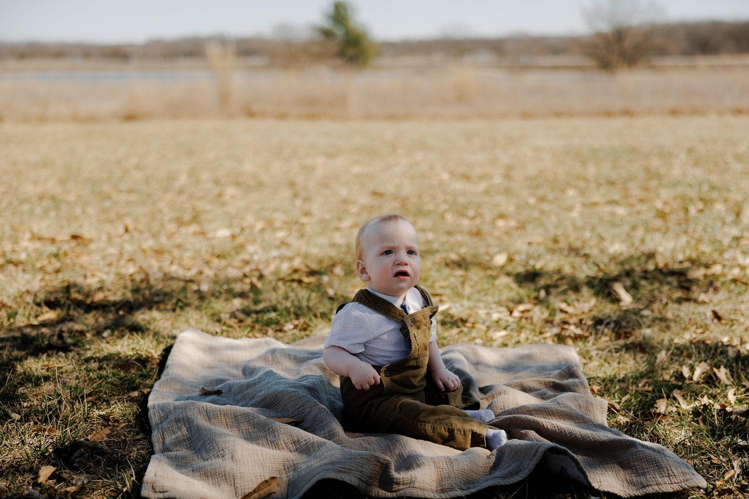 Baby in brown outfit sitting on blanket in sunny field.