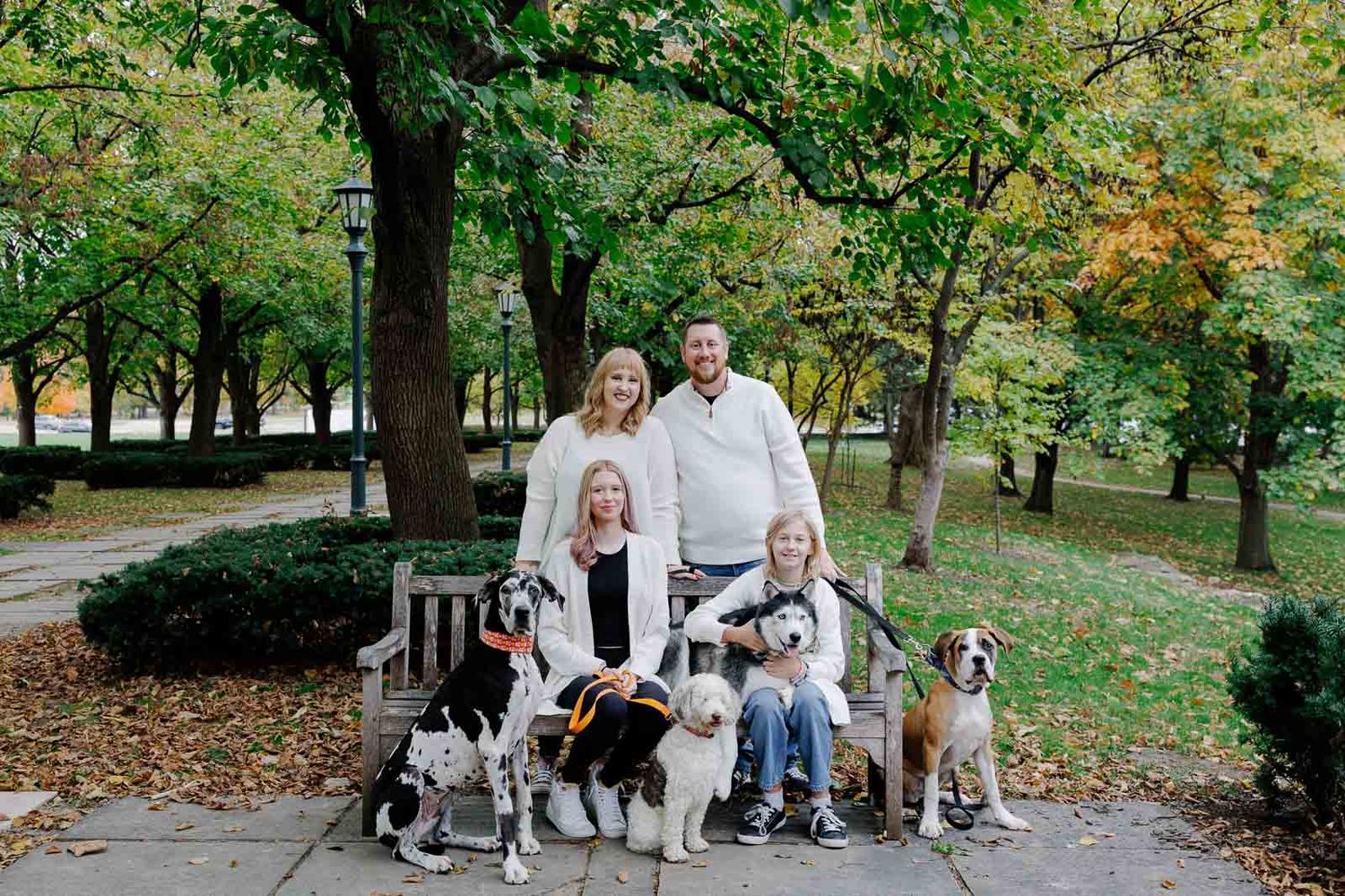 A family group poses with their collection of dogs on a park bench during autumn.