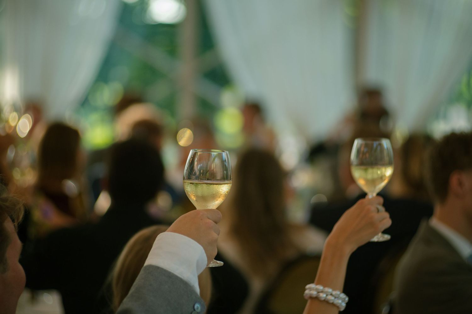 Guests raising champagne glasses in celebration at wedding reception.