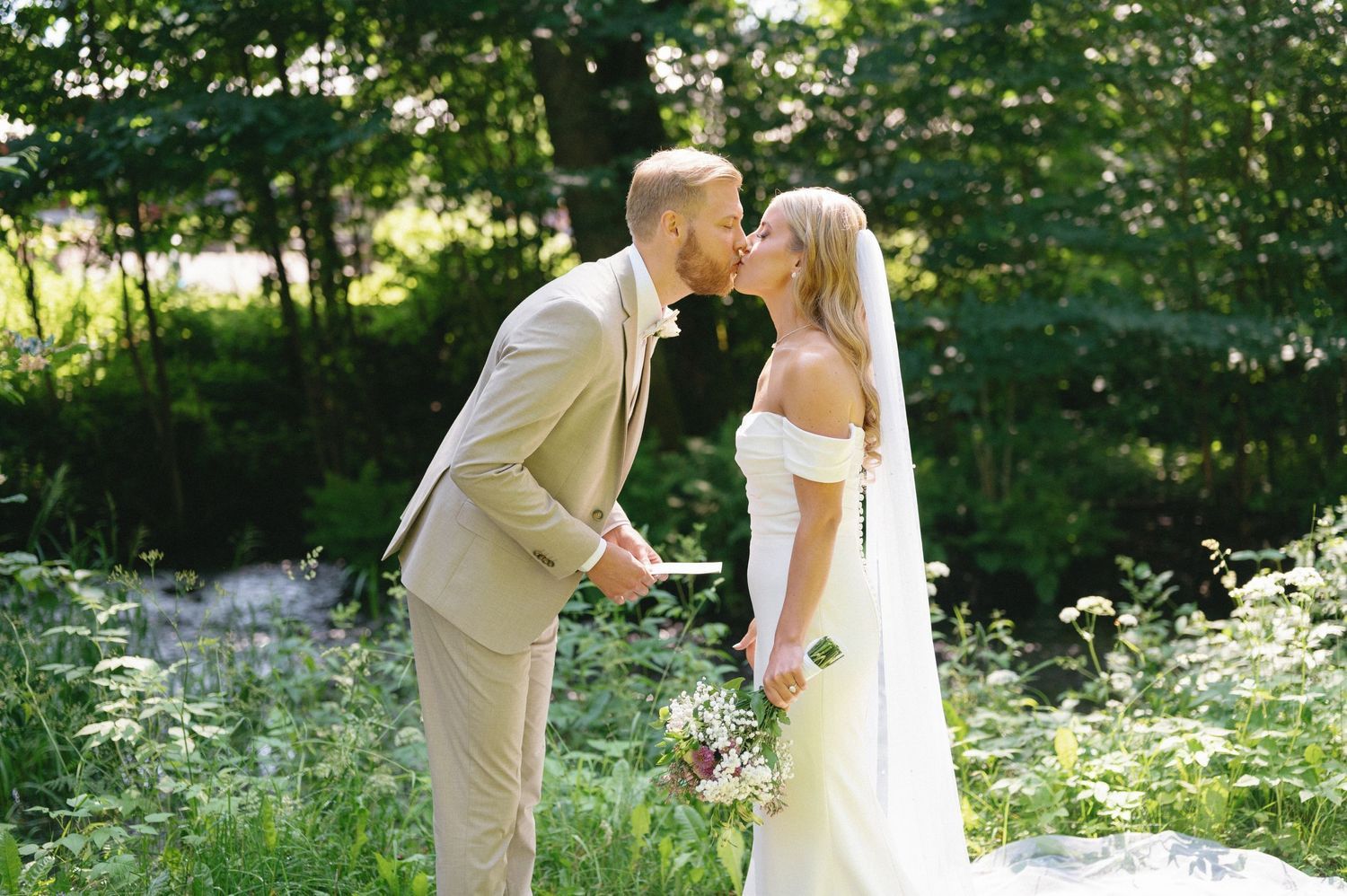 Romantic wedding photo sequence in a sunlit garden setting.