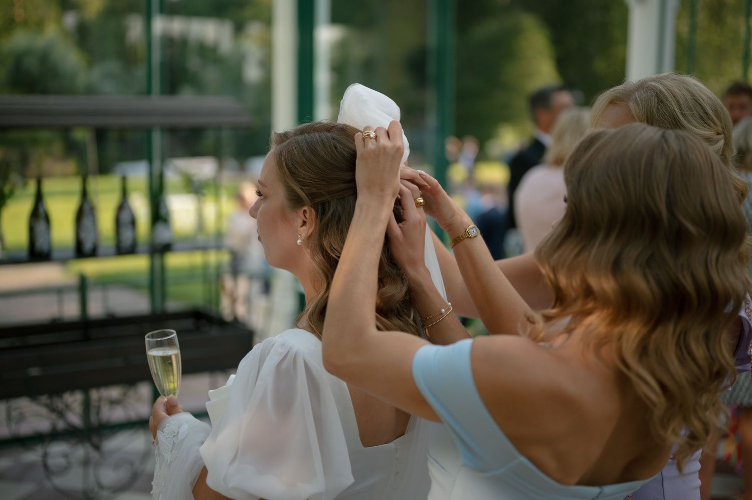 Wedding guests toasting with champagne glasses outdoors.