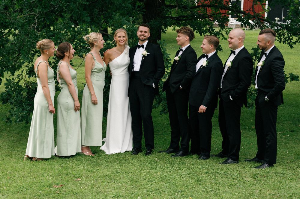 Wedding party in formal attire standing on grass with bridesmaids in light dresses and groomsmen in black tuxedos.