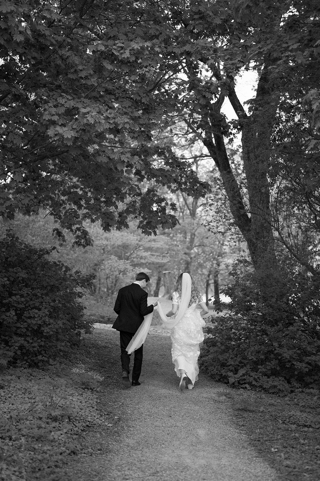Wedding couple walking through wooded path in romantic black and white sequence.