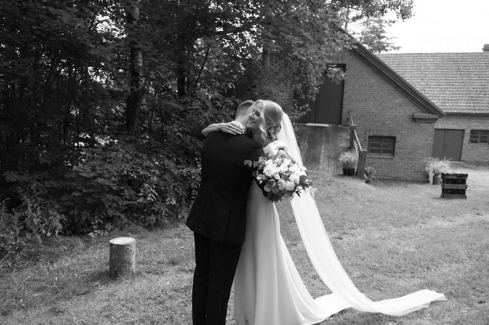 Black and white wedding photography sequence showing couple's romantic interaction outdoors.