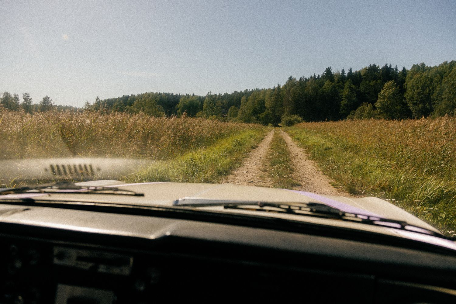 Rural country road stretches through autumn landscape with trees and fields on both sides.