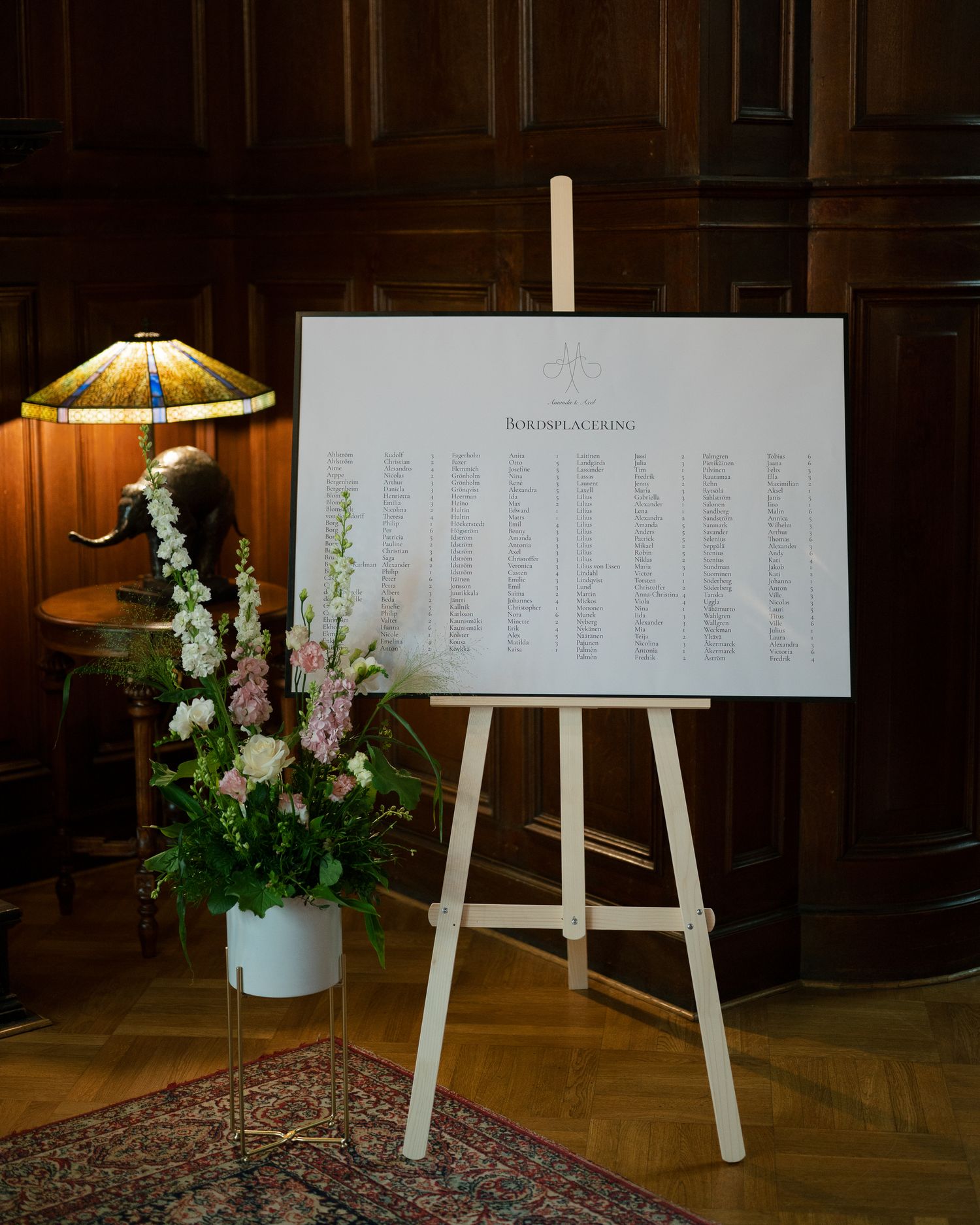 A row of white seating charts on easels displayed at an elegant indoor venue with wood paneling and floral arrangements.