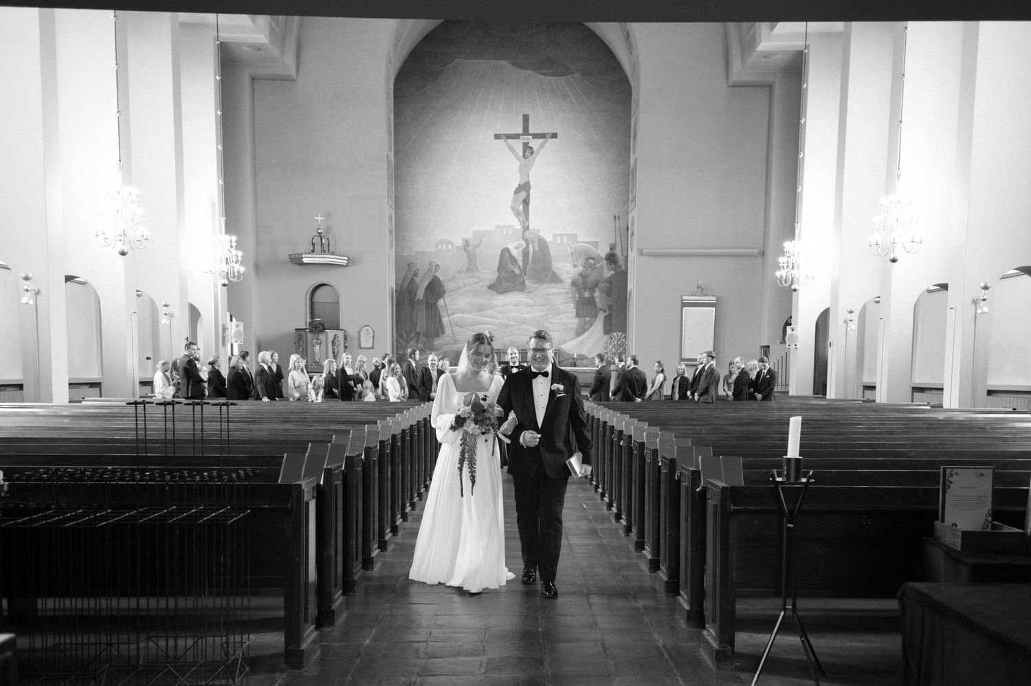 A church interior with wooden pews and white walls shows multiple views of the same sanctuary space.