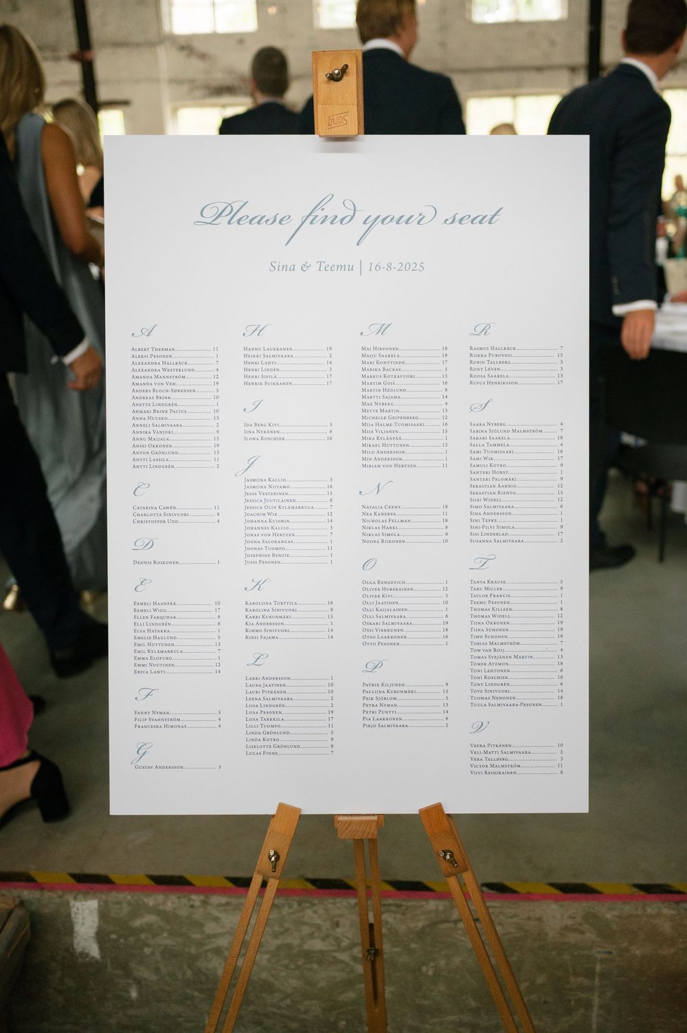 Wedding seating chart displayed on an easel in an industrial venue.