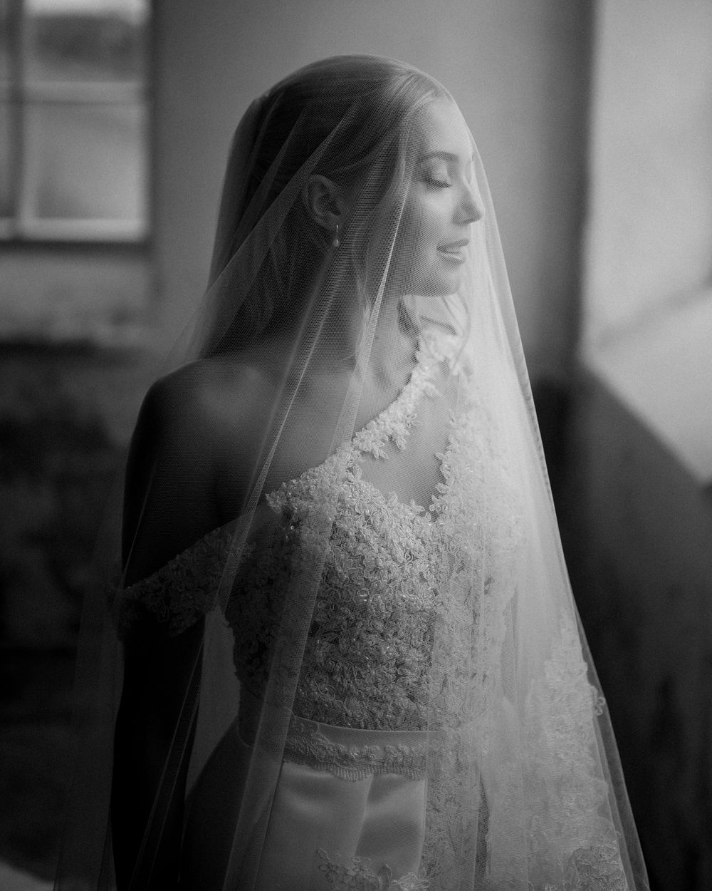 Classic bridal portrait with cathedral veil in moody black and white lighting.