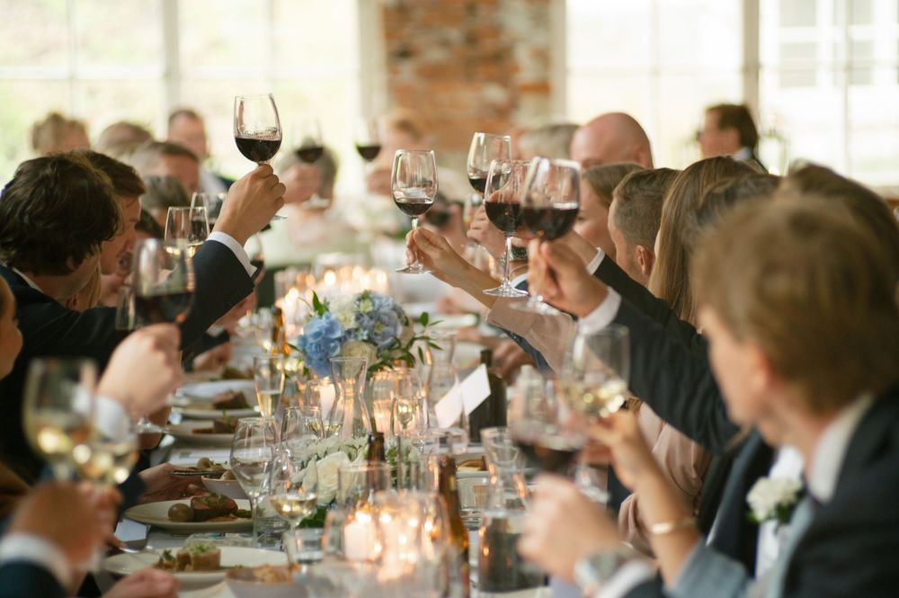 Wedding guests raising wine glasses during a celebratory toast at dinner.