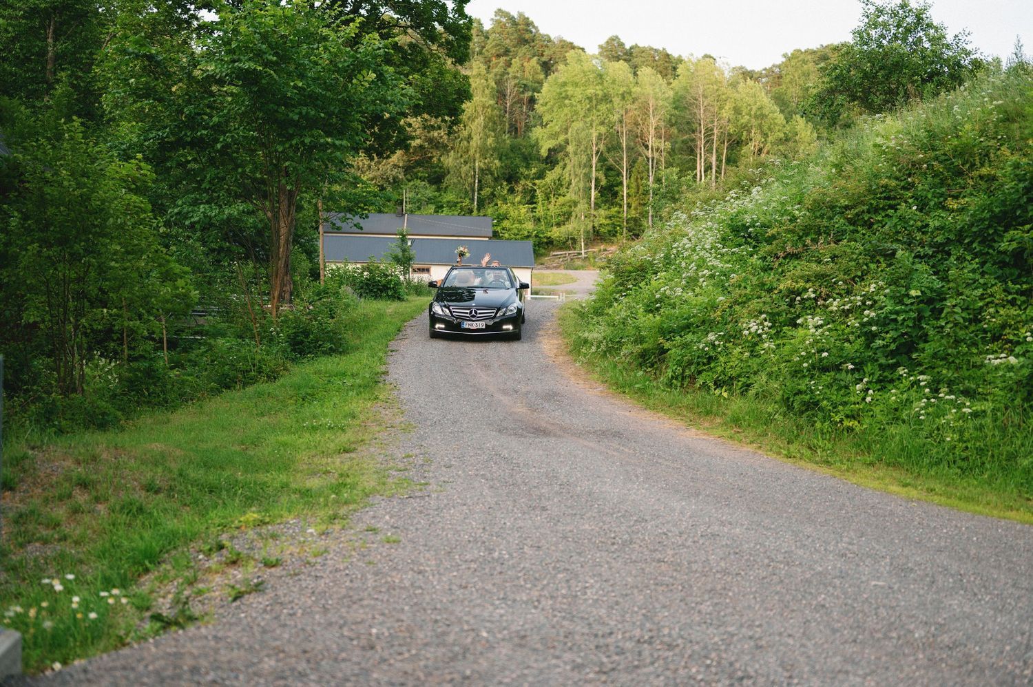 A tree-lined gravel path leads through a green countryside landscape.