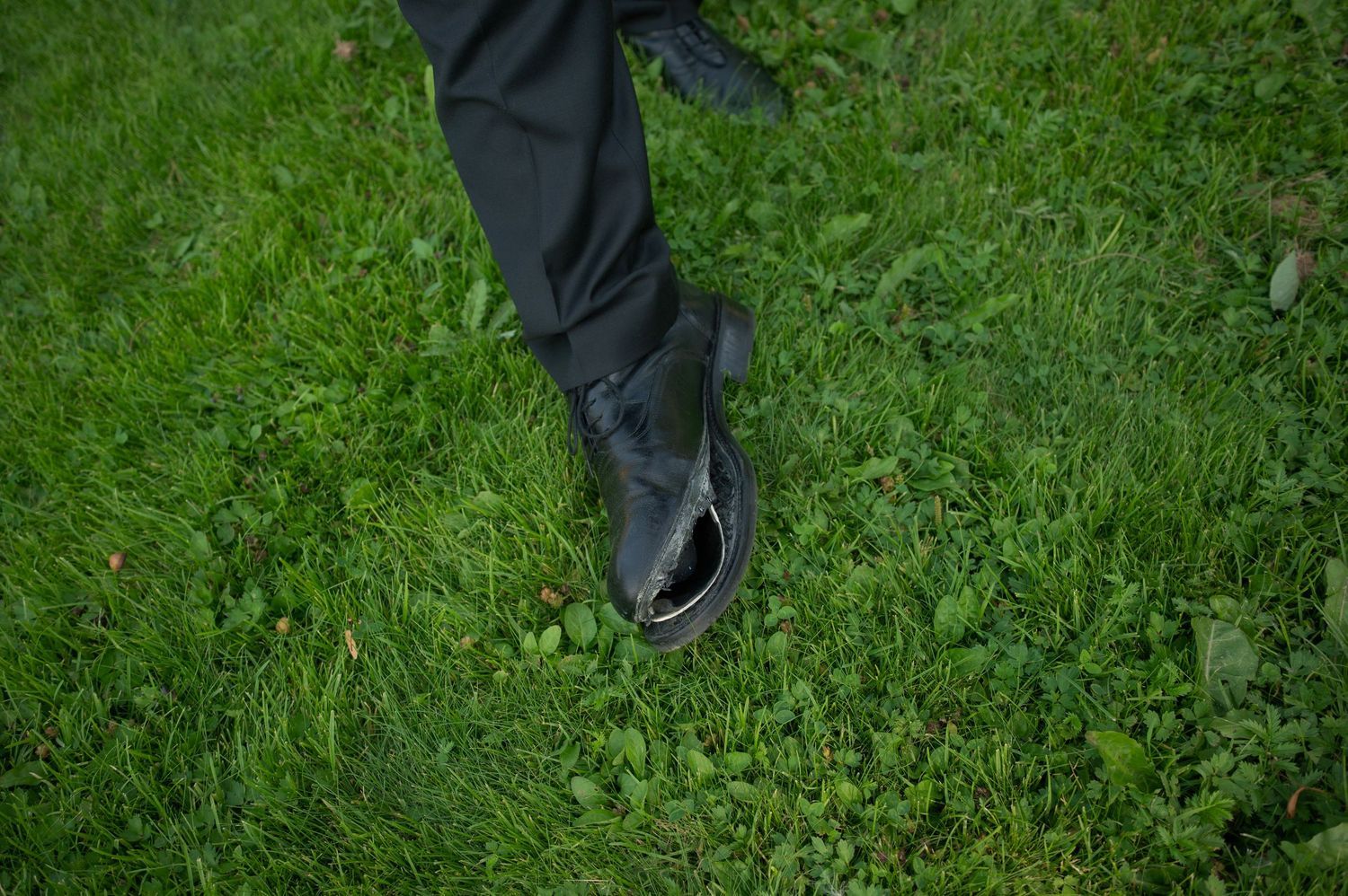 Close-up view of formal shoes walking on lush green grass.