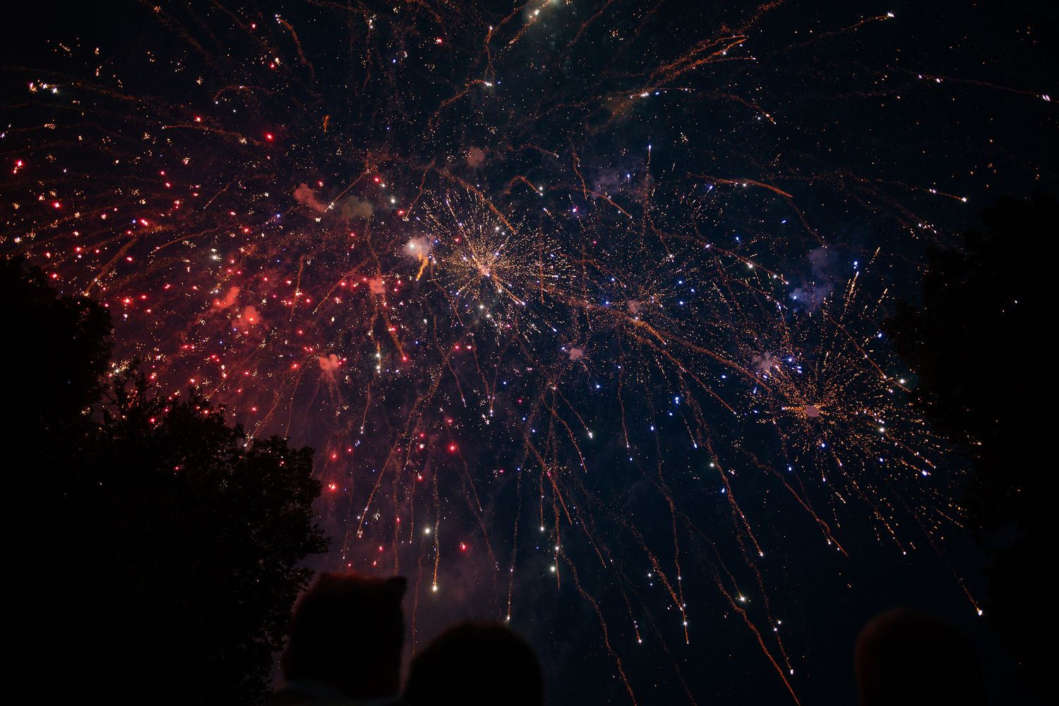 Colorful fireworks exploding in night sky with red and blue sparks, silhouettes of crowd watching below.