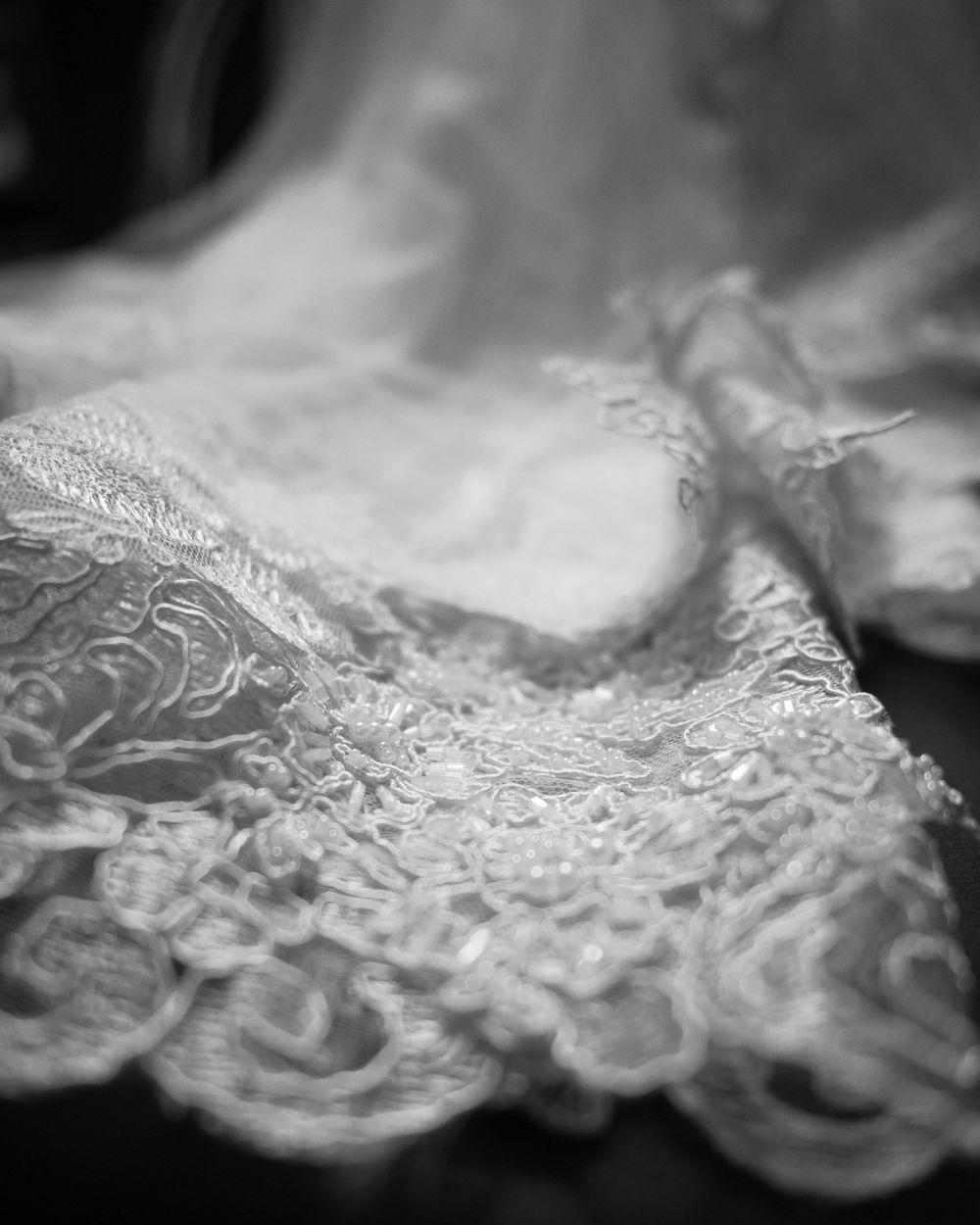 Close-up black and white detail shot of intricate lace fabric with floral patterns.