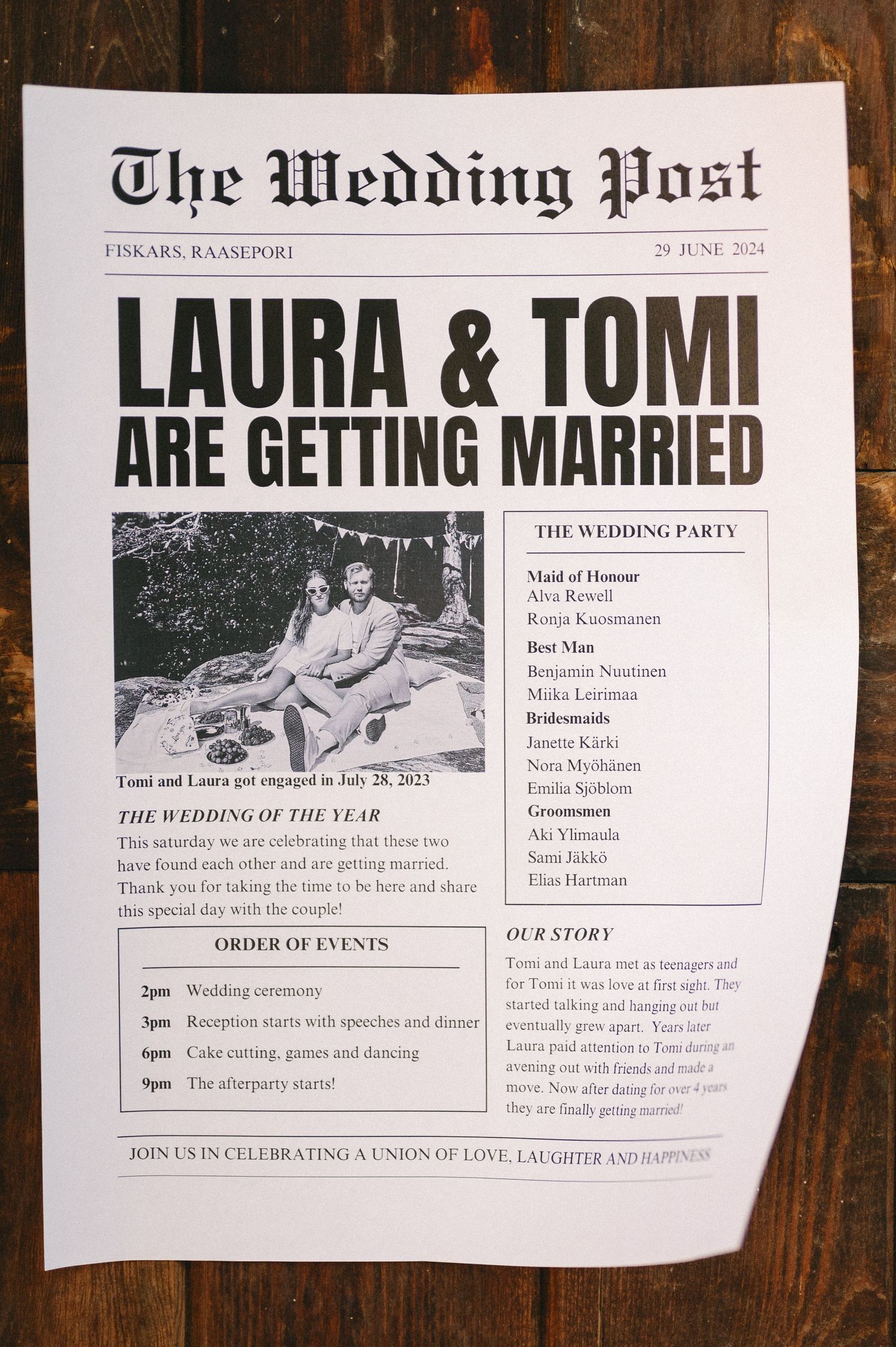Wedding invitation and program details printed in newspaper style format.