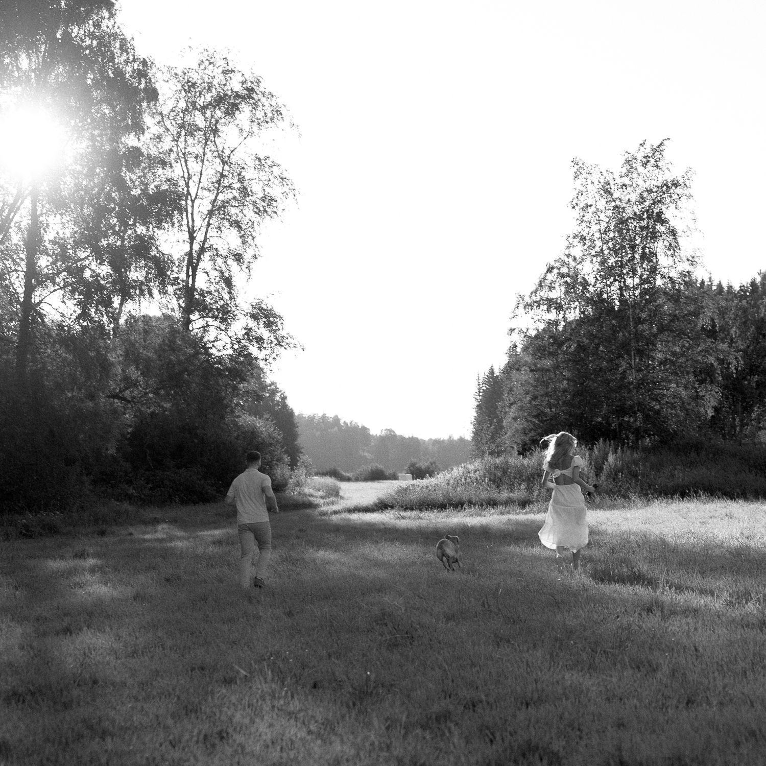 Black and white landscape photograph of figures walking through a misty field at dusk.