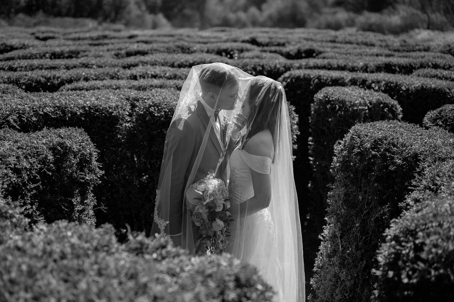 Black and white photo of two brides kissing under a veil in a lush hedge maze, holding a bridal bouquet.
