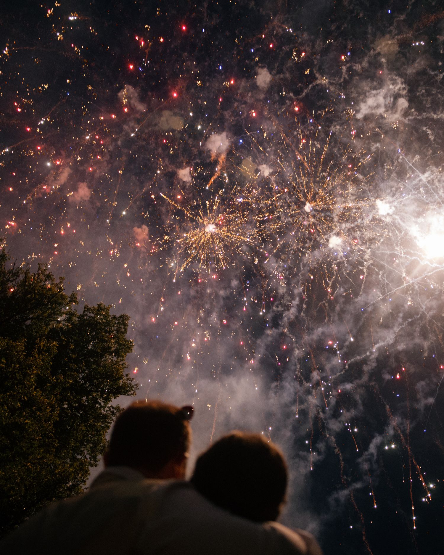 Two people watch a stunning fireworks display lighting up the night sky with colorful bursts above a tree.